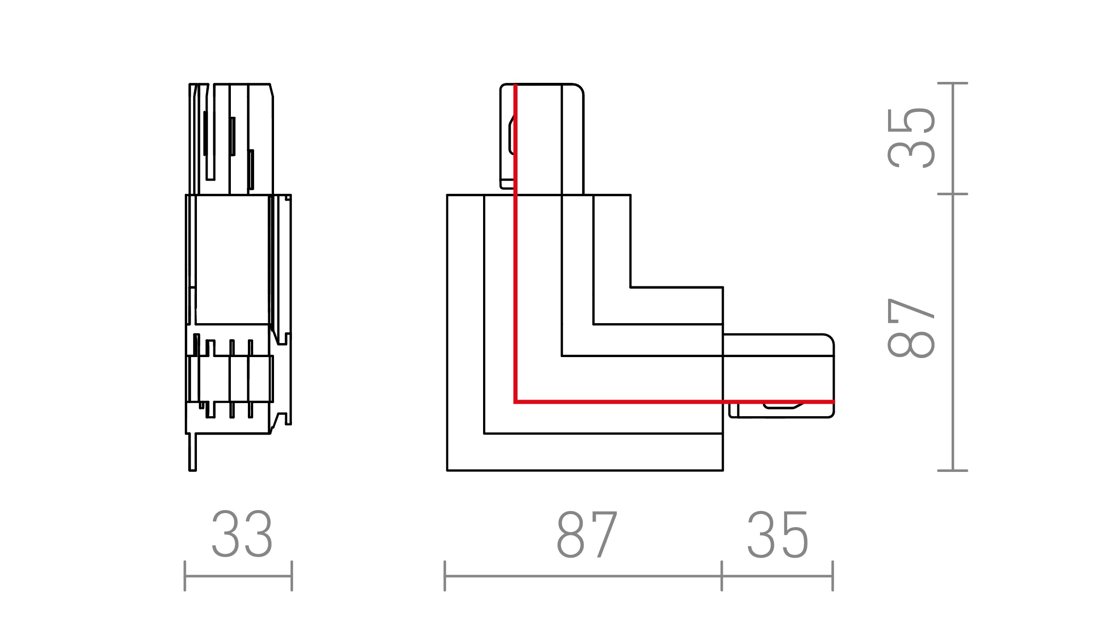 EUTRAC SÜLLYESZTETT SÍNRE L KÜLSŐ SAROK CSATLAKOZÓ - Product sketch