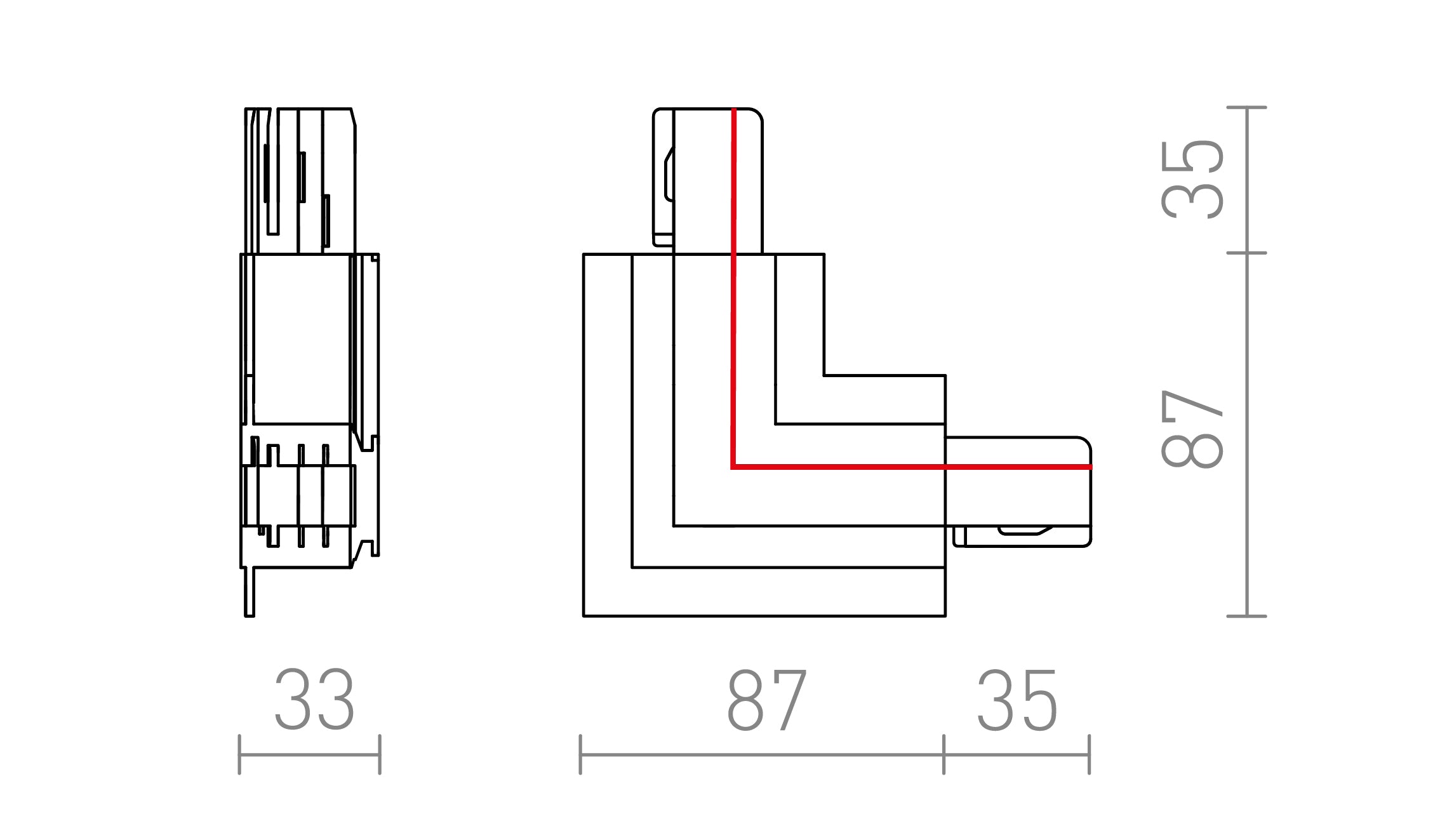 EUTRAC SÜLLYESZTETT SÍNRE L BELSŐ SAROK CSATLAKOZÓ - Product sketch